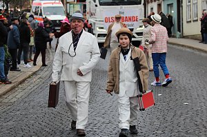 Impressionen vom Faschingsumzug in Bad Langensalza. Bunt angezogene Menschen und geschm&uuml;ckte Wagen