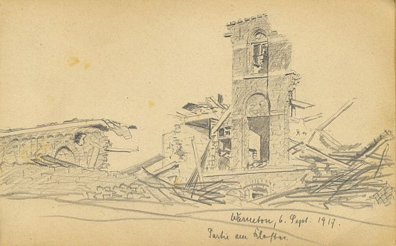 Gustav Wolf-Weifa: Warneton, 6. Sept. 1917, Partie am Kloster. (Foto: Foto: Museum) Gustav Wolf-Weifa: Warneton, 6. Sept. 1917, Partie am Kloster. (Foto: Foto: Museum)