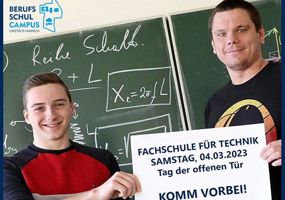 Konstantin Prei&szlig; und Christoph Heinemann bewerben den Tag der offenen T&uuml;r an der Fachschule f&uuml;r Technik. (Foto: Kirstin Grunert)