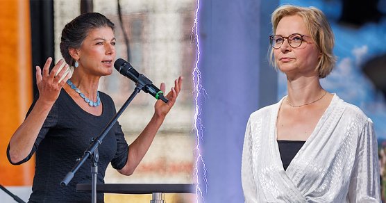 Wagenknecht/Wolf (Foto: Steffen Pr&ouml;&szlig;dorf, 2024-08-19 Event, Th&uuml;ringer Wahlkampftour-Start des BSW in Eisenach STP 2971 by Stepro, Zuschnitt, CC BY-SA 4.0)