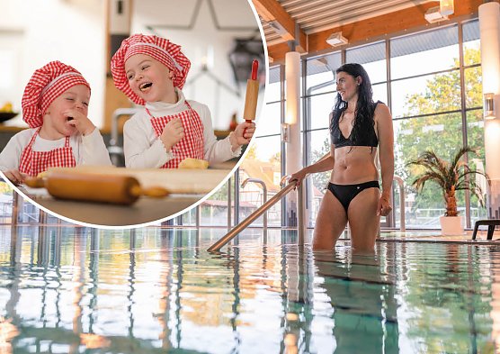 Eine kleine Weihnachtsauszeit f&uuml;r Gro&szlig; und Klein "backen, Basteln, baden" in der Friederiken Therme in Bad Langensalza (Foto: Foto Kinder &copy; Canva/ Foto Frau &copy; Pixo)