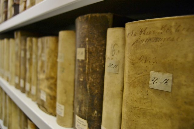 Bild: Die Aufnahme zeigt historische Buchbest&auml;nde des M&uuml;hlh&auml;user Stadtarchivs.