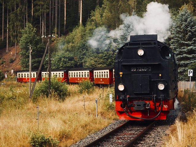 Bild: 99 7240-7 bei der Einfahrt mit dem Nordh&auml;user Brockendampfzug 8929 in Netzkater am 31.07. Genau bei der Einfahrt war der Gewitterschauer zu Ende und die Sonne kam wieder raus.
