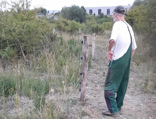 Bild: Sch&auml;fer Klaus Endres an seinem zerst&ouml;rten Zaun, im Hintergrund die Bundesstra&szlig;e am Gewerbegebiet Kindel
