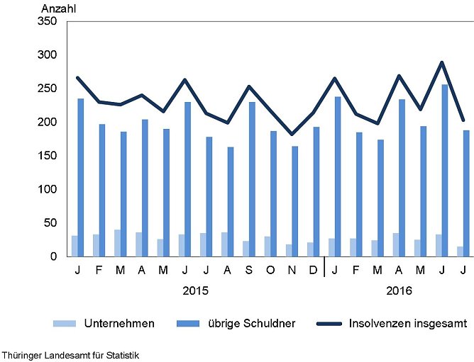 Gemeldete Insolvenzverfahren von Januar 2015 bis Juli 2016 (Foto: TLS) Gemeldete Insolvenzverfahren von Januar 2015 bis Juli 2016 (Foto: TLS)