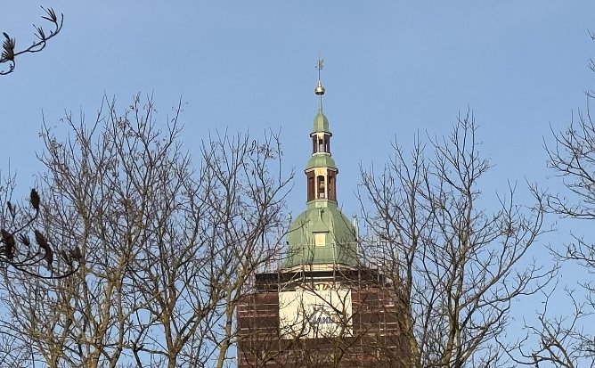 Bronzener Glanz in morgendlicher Sonne: Marktkirche Bad Langensalza  (Foto: oas)