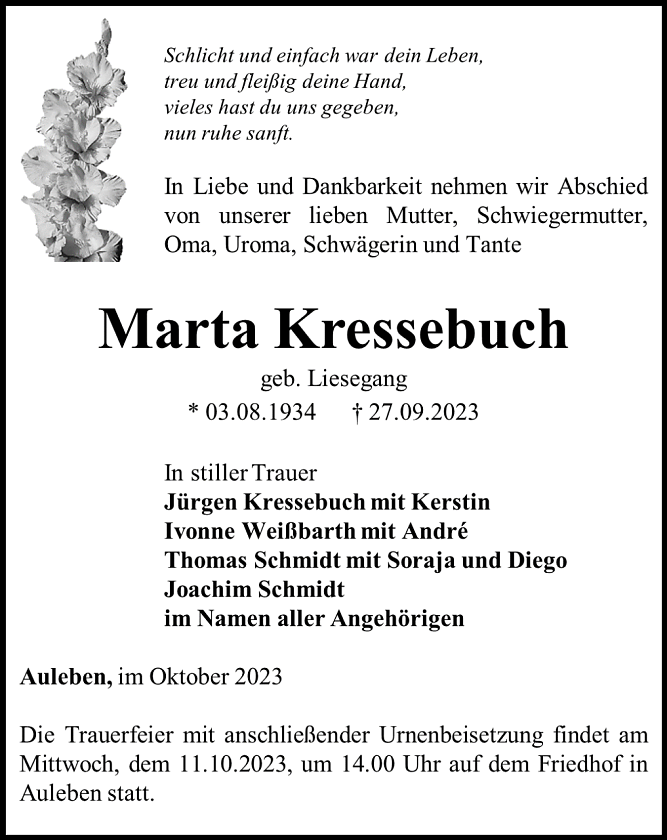 Traueranzeige Marta Kressebuch (Foto: Bestattungshaus Schade)