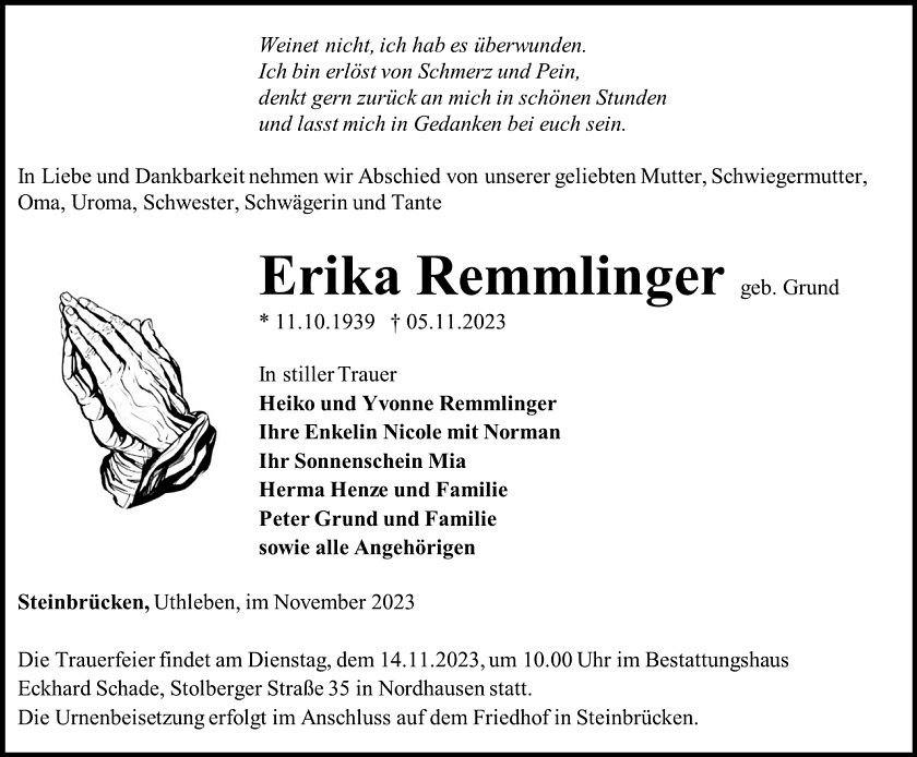 Traueranzeige (Foto: Bestattungshaus Schade)