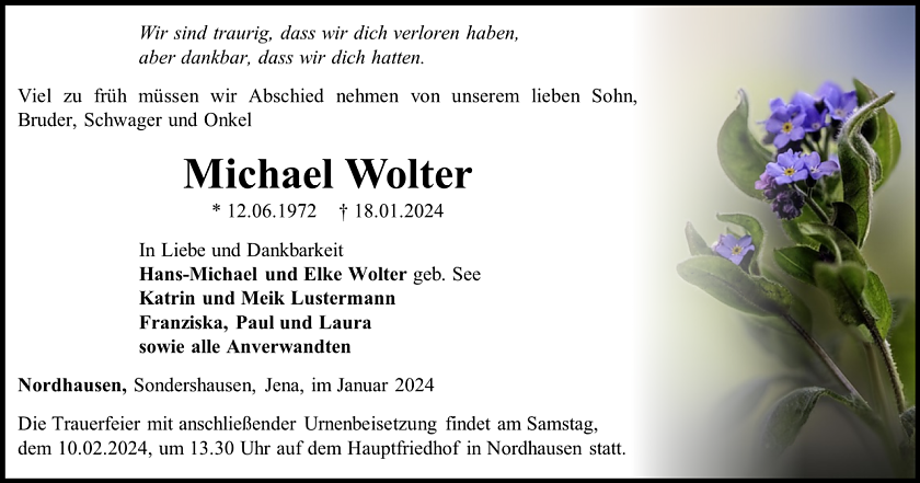 Traueranzeige Michael Wolter (Foto: Bestattungshaus Eckhard Schade)