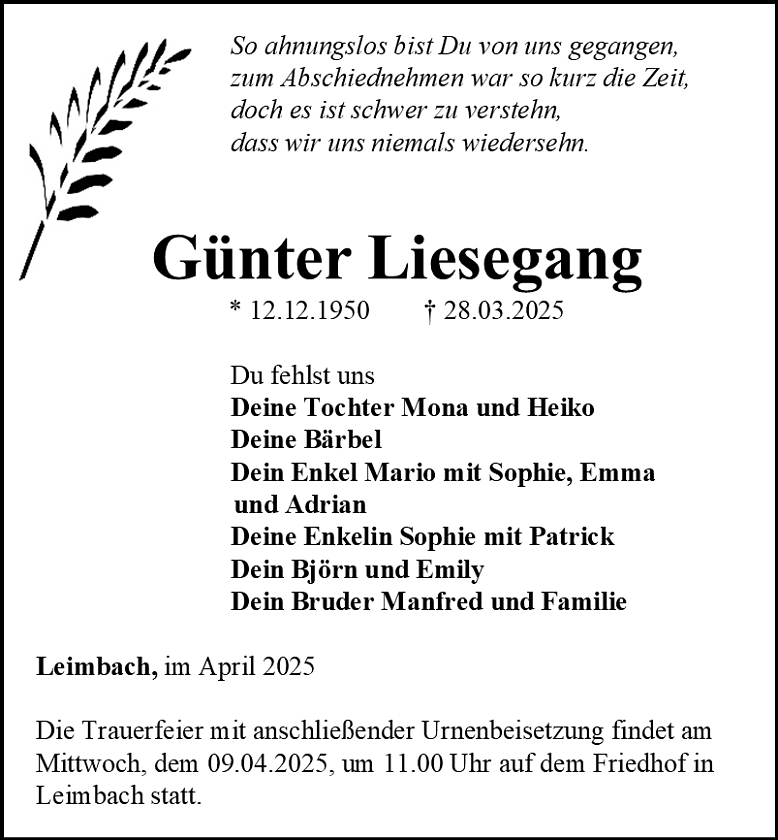 Traueranzeige (Foto: Bestattungshaus Eckhard Schade)