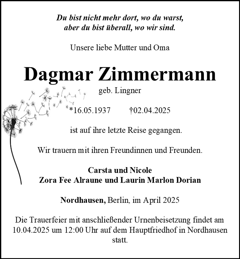 Traueranzeige (Foto: Bestattungshaus Eckhard Schade)