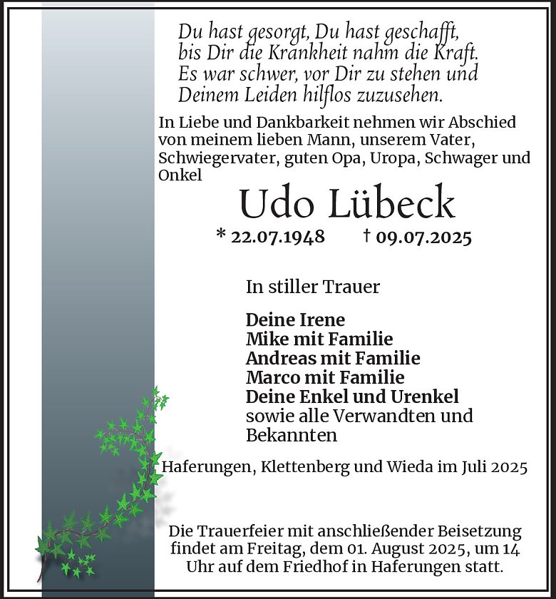 Traueranzeige (Foto: Bestattungsinstitut Westerhausen)