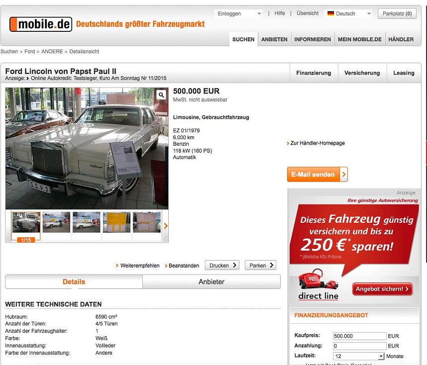 20 Jahre mobile.de: Wenn dieser wei&szlig;e, sechs Meter lange und zwei Tonnen schwere Lincoln Continental (Baujahr 1979) durch Rom fuhr, machten alle Platz. Wer es Papst Johannes Paul II. gleichtun wollte, musste 2015 eine halbe Million Euro zahlen. (Quelle: mobile.de)