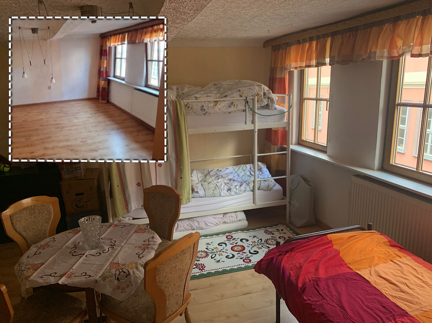 Vorher/Nachher-Bilder aus dem Haus J&uuml;dengasse 1, das momentan als Zufluchtshaus f&uuml;r ukrainische Fl&uuml;chtlinge dient.