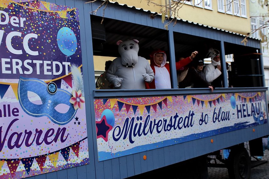 Fr&ouml;hliche Menschen feierten bei strahlendem Sonnenschein den Karnevalsumzug durch Bad Langensalza